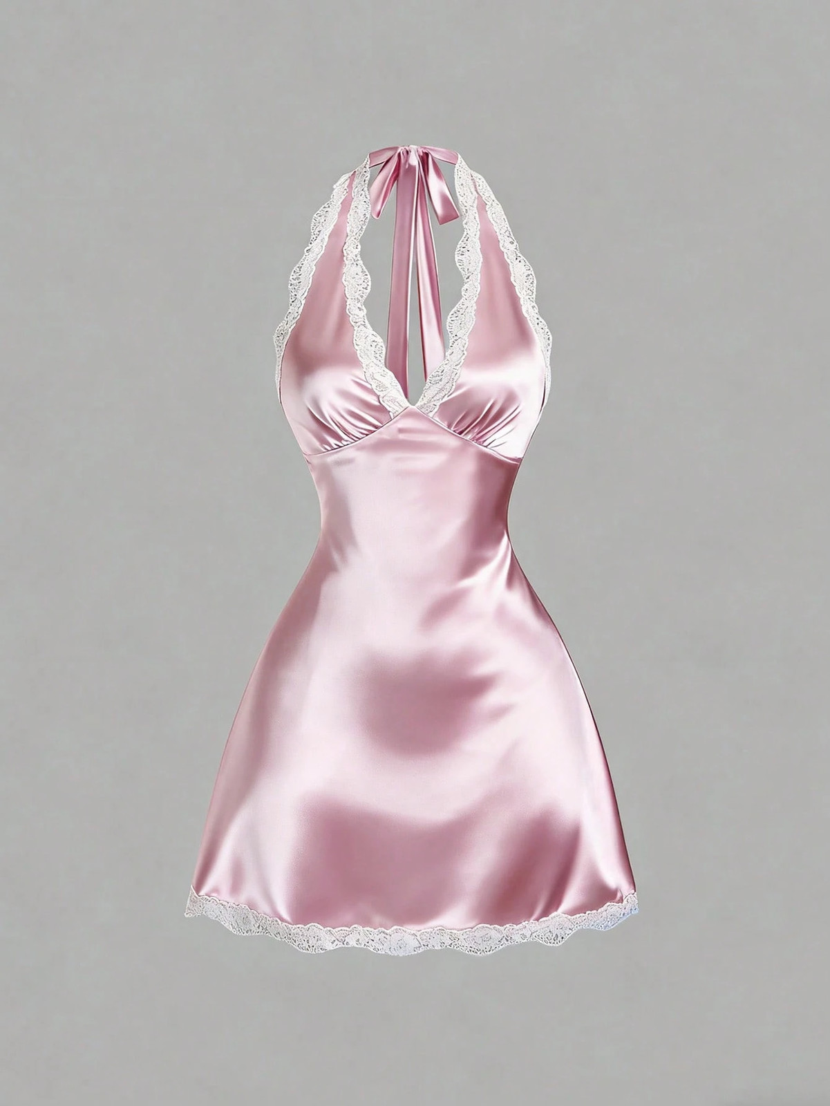 Ladies Lace Hem V Neck Mini Dress in Pink