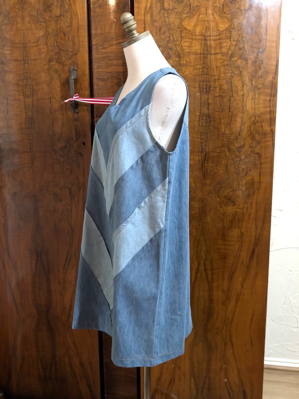 ADORA Chevron Patchwork Denim Dress M Light Wash Blue Shift Boho Hippie