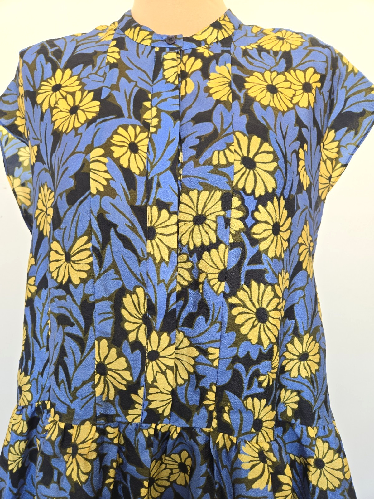 Samsoe Samsoe Marguerite High Neck Blue Yellow Floral Shirt Midi Dress Size M