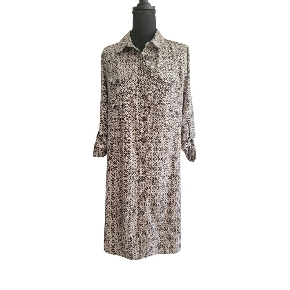 NY Collection Geometric Medallion Print Roll Tab Shirt Dress Tan Black STD1038 M