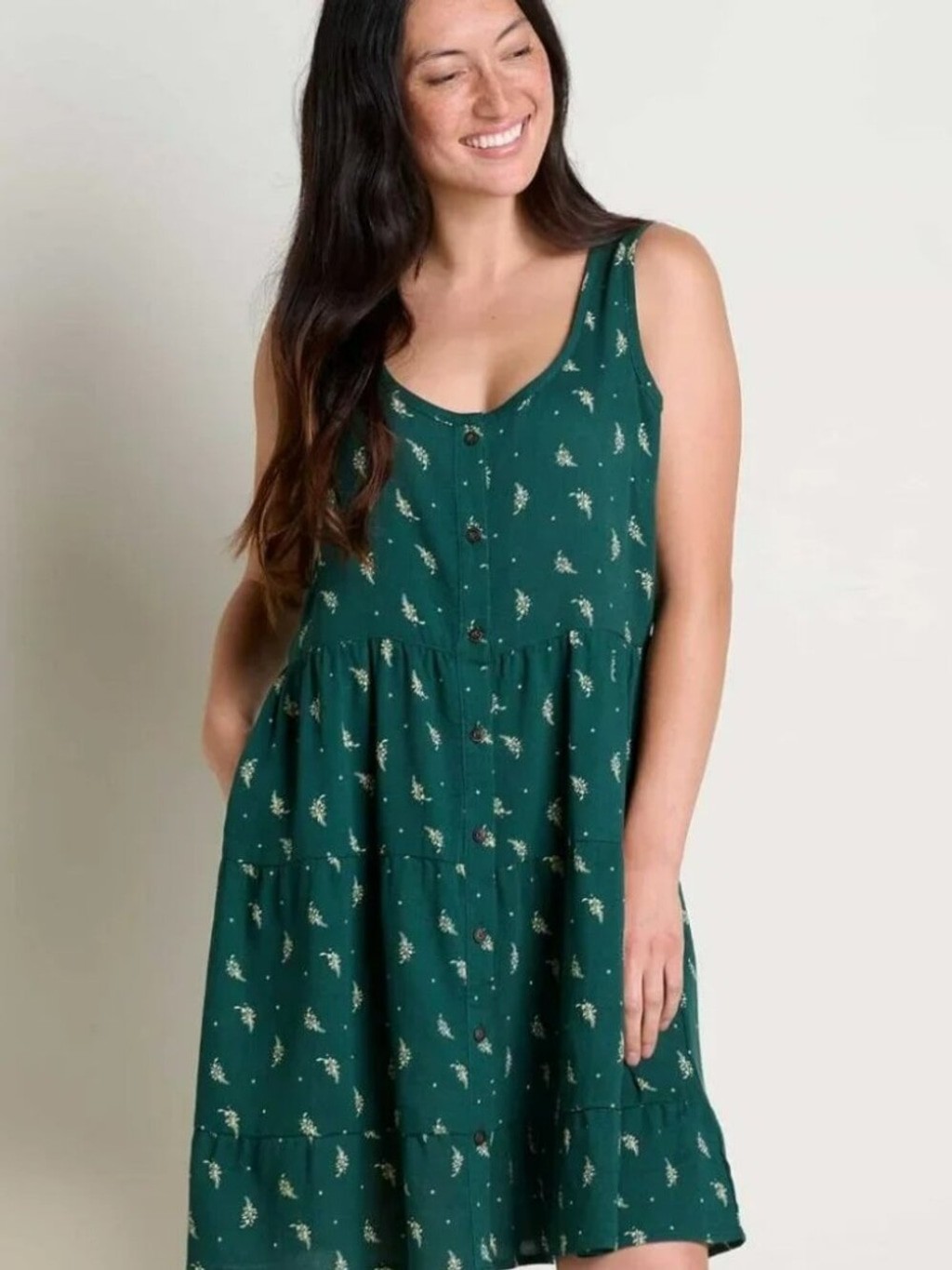 Granola Boho Beach Coastal Toad&Co Green Cream Floral Mini Dress Size Large NWT