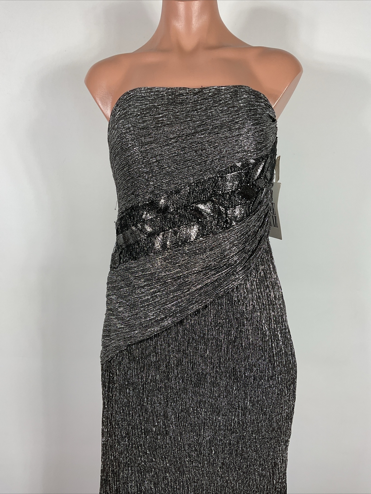Rene Ruiz Neiman Marcus Silver Sequin Cocktail Dress Midi Pleated Metallic Lame