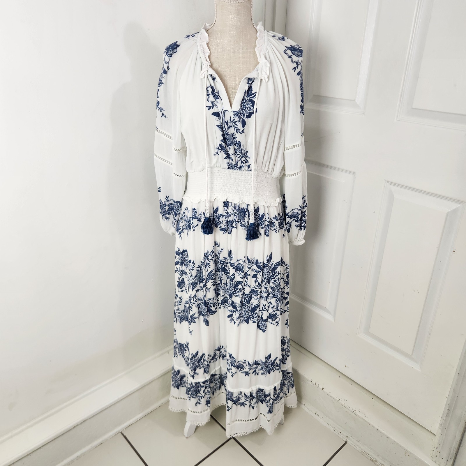 Chicos Dress Womens 2.5 US 14 White Blue Maxi Tiered Peasant Beaded Tassel Boho