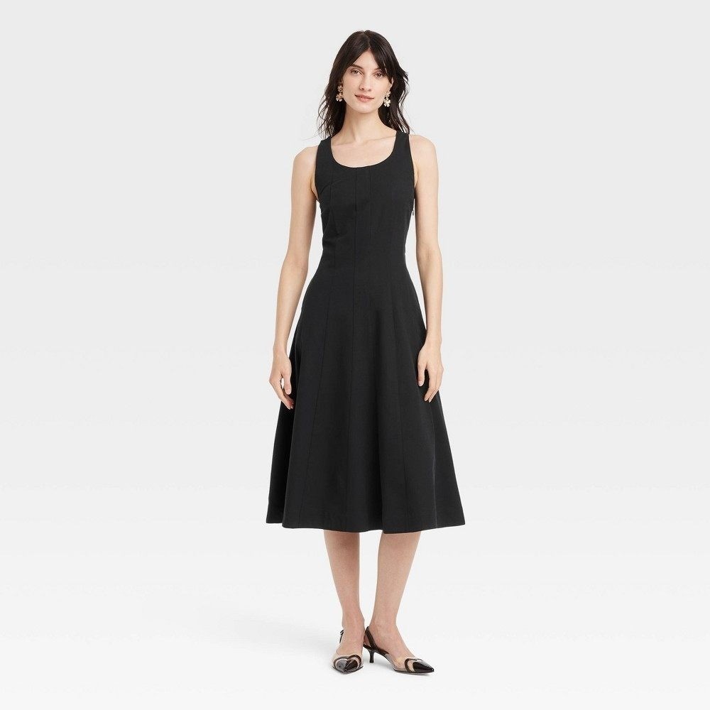 A New Day Womens Corset MIDI A-Line Dress Black Cotton Canvas Sleeveless Dress