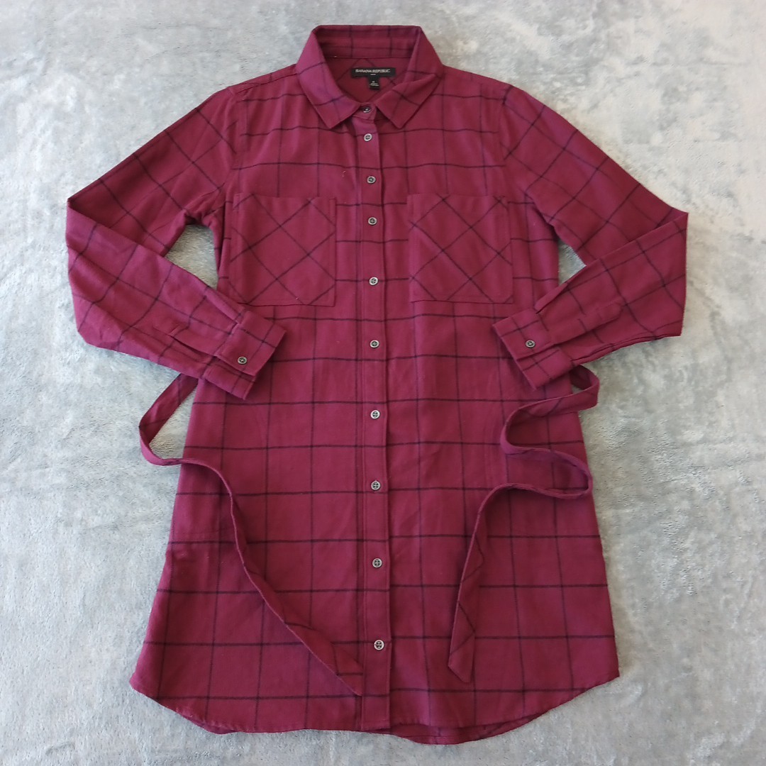 Banana Republic Shirt Dress Size 2 Red Plaid Belted Pockets