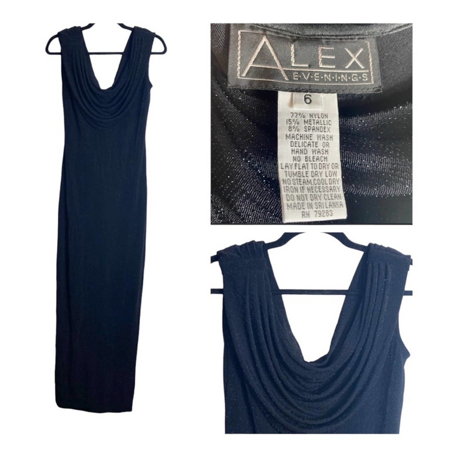 VINTAGE Alex Evenings Black Shimmer Cowlneck Maxi Dress Long Gown Sz 6