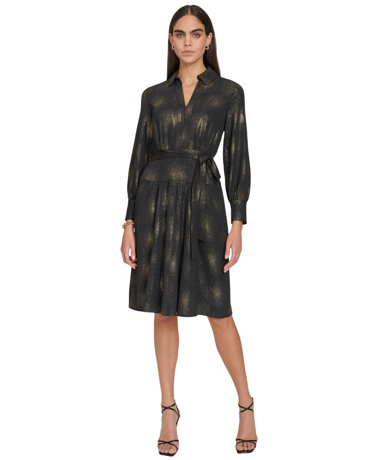 calvin Klein Collared Self-Tie-Belt Midi Button Cuff Dress Black / Gold 8