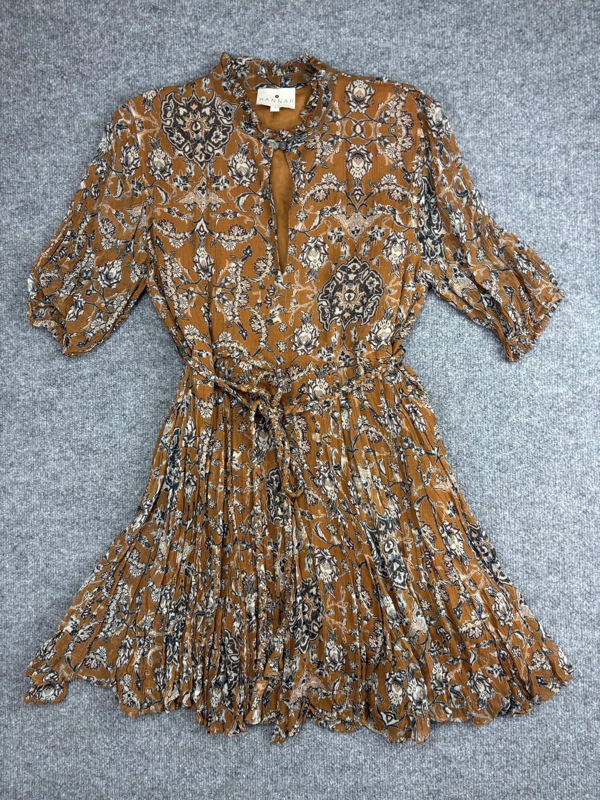 Hannah Dress Womens 2 Brown Floral High Neck Half Sleeve Boho Fit & Flare Mini