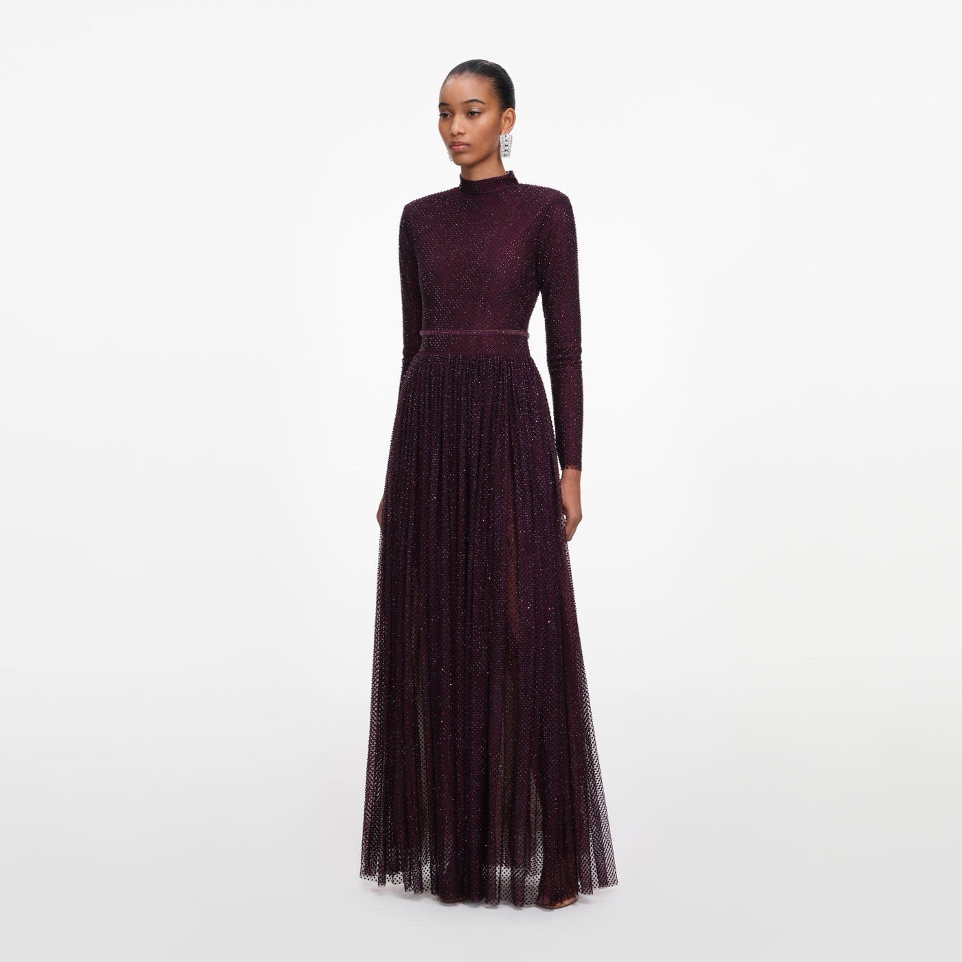 Self Portrait MAXI DRESS RHINESTONE LONG SLEEVE BURGUNDY $ 1060 Size US 2 UK 6