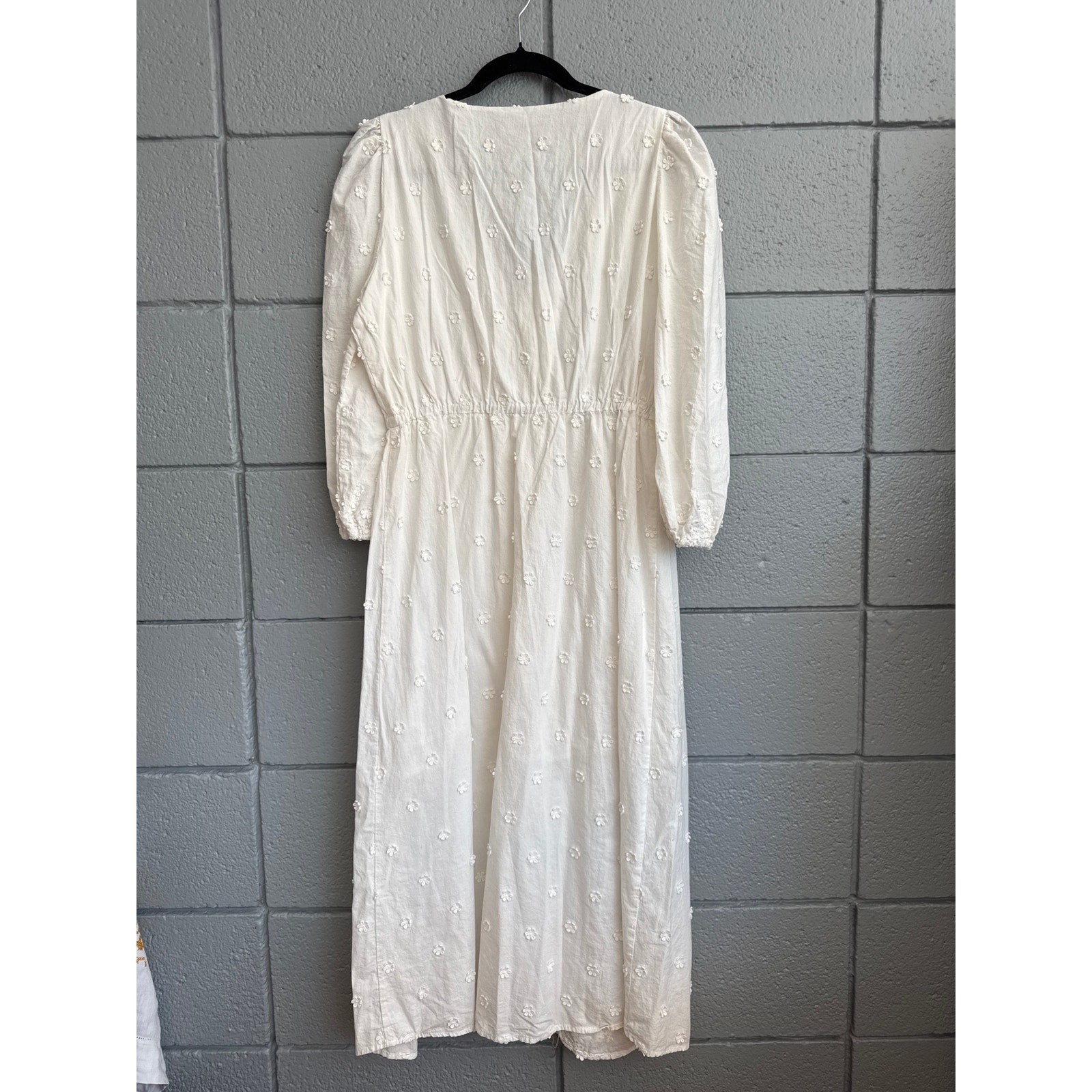 Anthropologie OPT White Floral Appliqué Puff Sleeve Midi Dress Size L Boho Bride