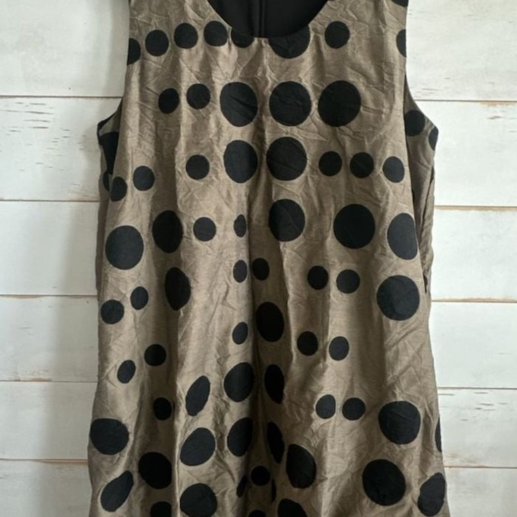 Samuel Dong sleeveless bubble hem midi dress in tan and black polka dot
