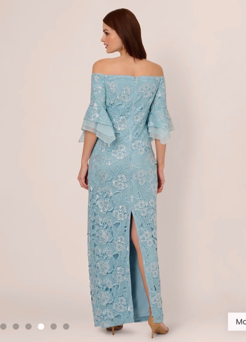 NWT Adrianna Papell Off-Shoulder Lace Column Dress in Light Blue / Sz 12