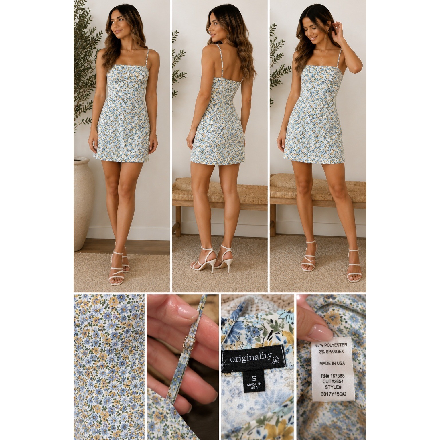 Originality Blue Yellow Floral Mini Dress Spaghetti Strap Women’s S