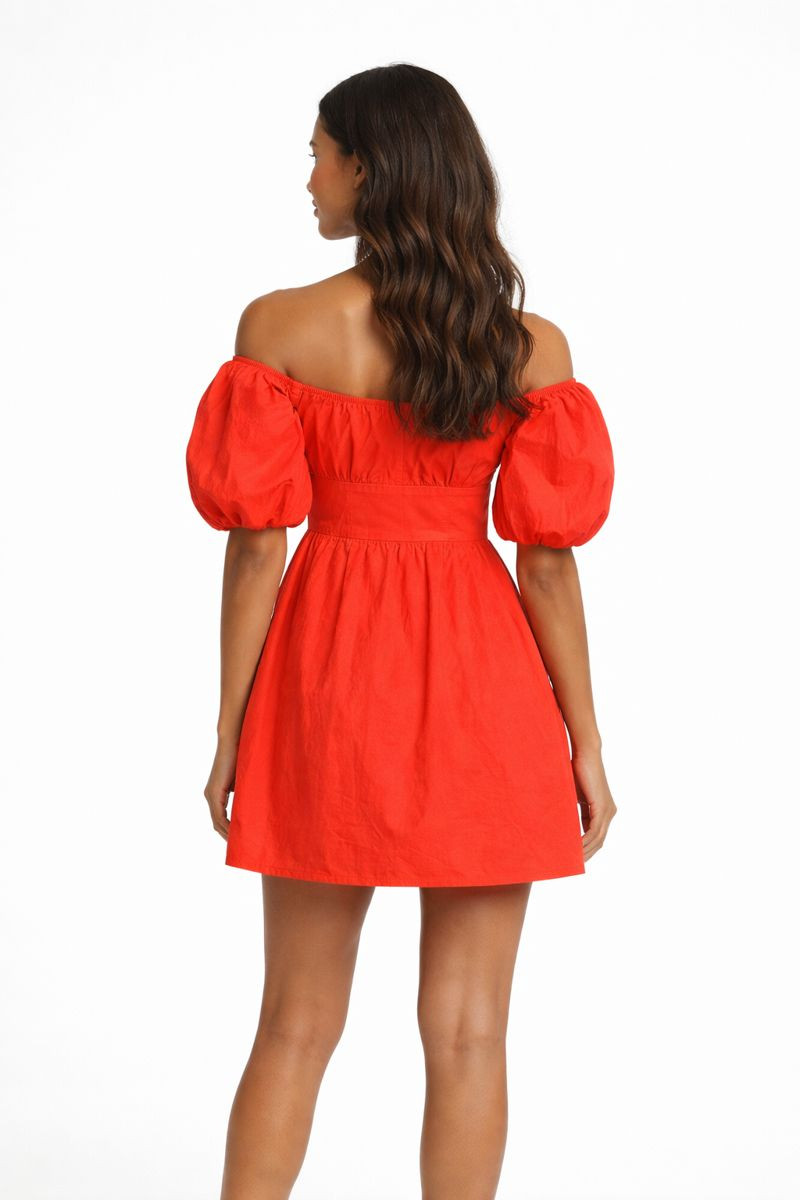Women’s Off Shoulder Puff Sleeve Mini Dress, Red, Size Medium