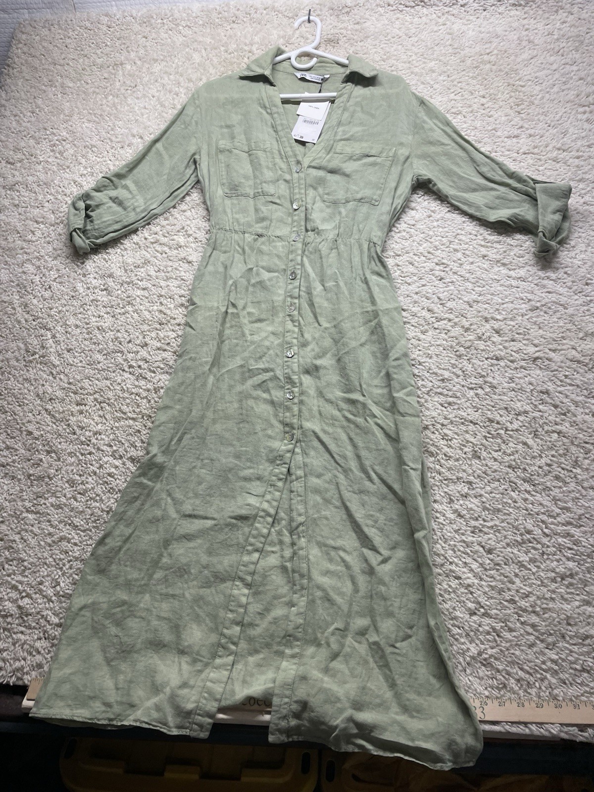 Zara Linen Button Front Khaki Green Shirt Dress Women’s Small *NEW*