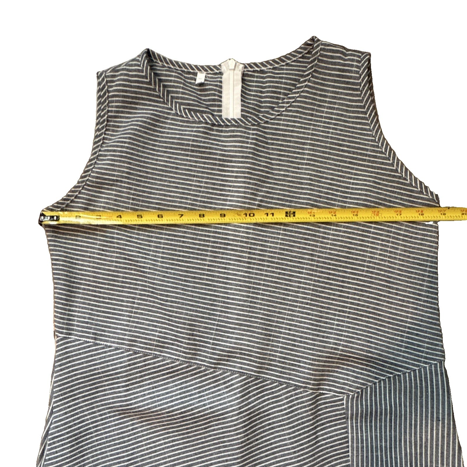 Gray-Blue/White Striped Nautical A-Line Midi Dress with Pockets Sleeveless M-L
