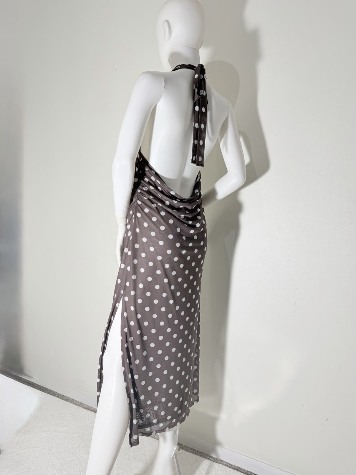 Caroline Constas Brown White Polka Dot Halter Backless Slit Mesh Midi Dress L