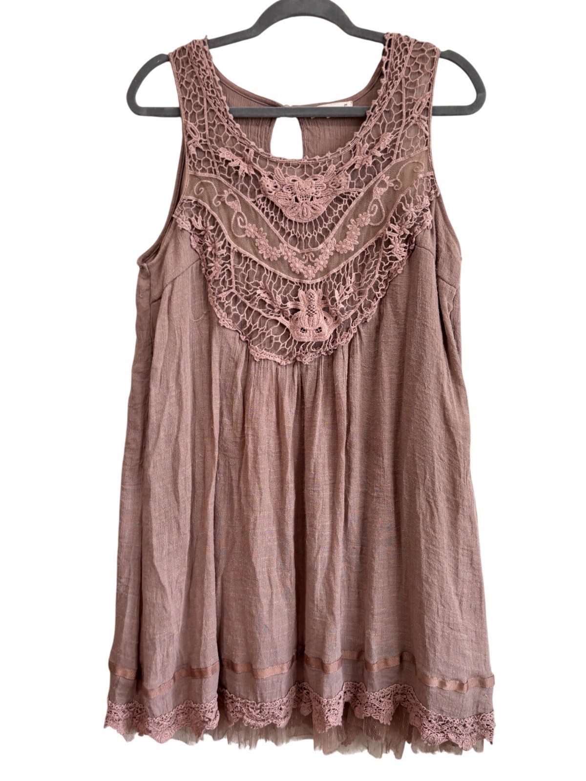 Indigo Soul XL Sleeveless Boho Tunic Dress With Crochet Lace Details Mauve Pink