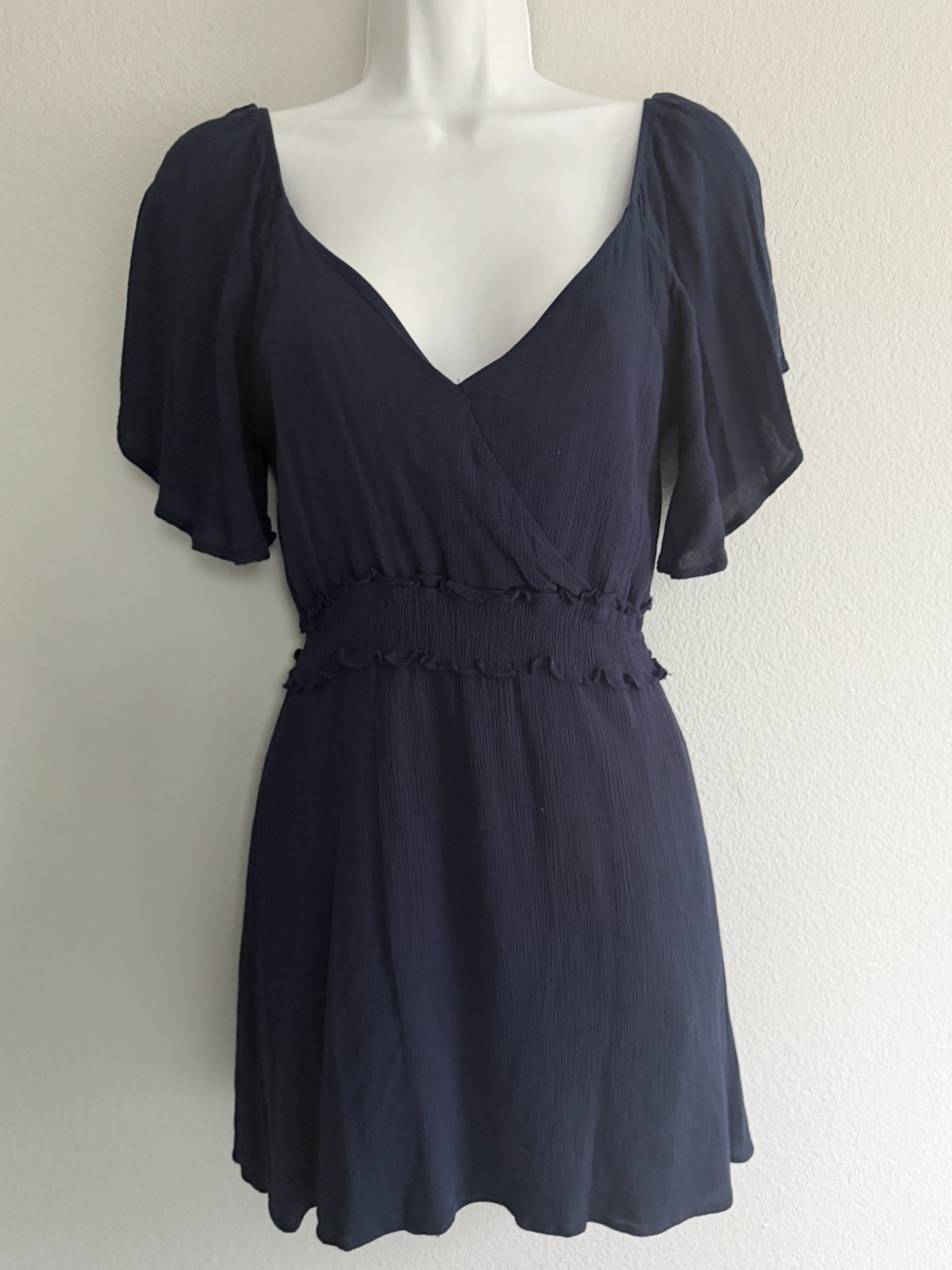 Altar’d State Navy Blue Mini Dress Flutter Sleeve Smocked Waist Boho, Small
