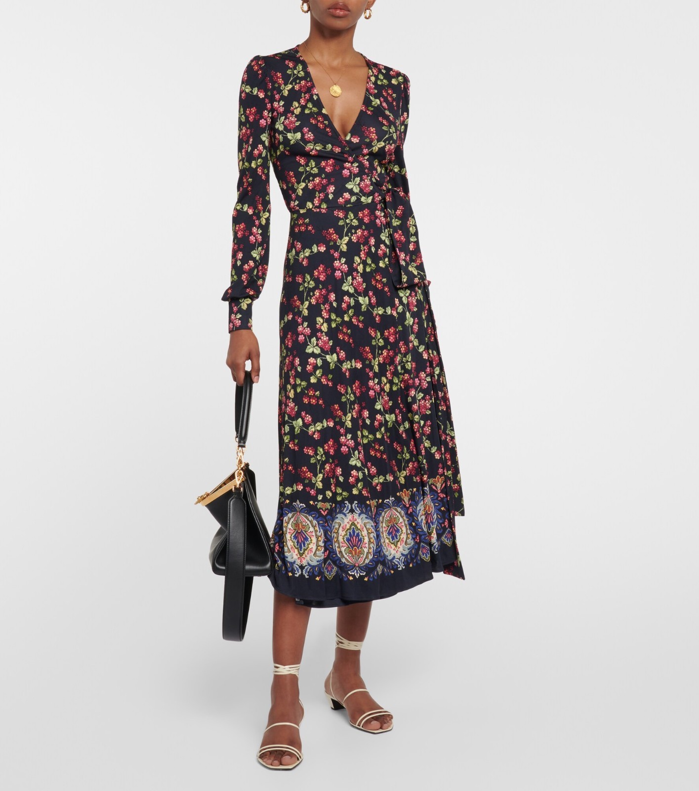 Etro Berry Floral Print Jersey Midi Wrap Dress Long-Sleeve Blue US 6 M NWOT