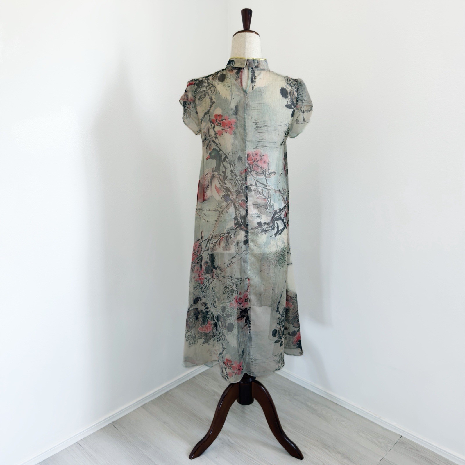 Delicate Cheongsam Dress Womens Small* Bird Mandarin Collar Whimsical Dainty