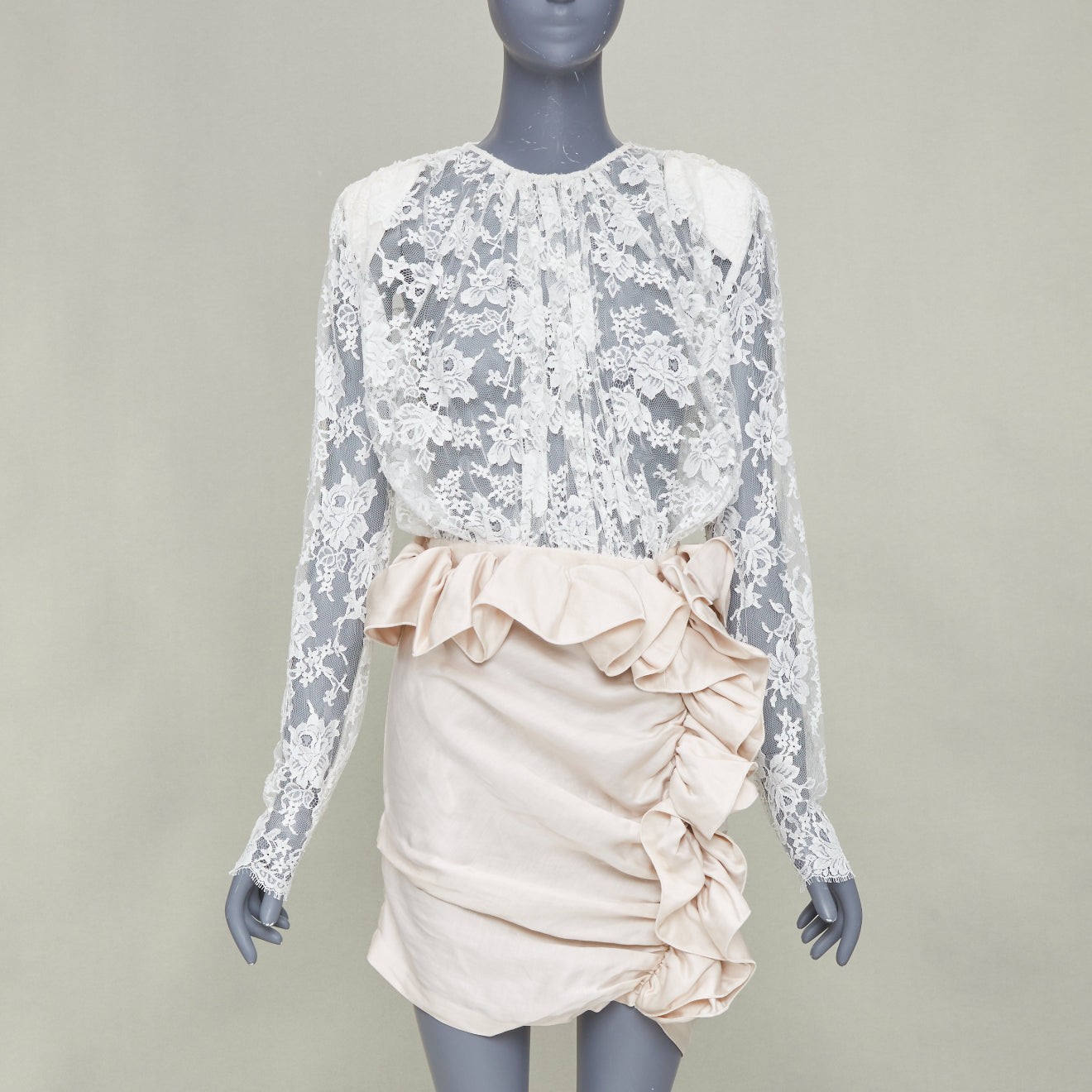 MAGDA BUTRYM Bridal Floral white lace ruffle draped satin mini dress FR34 XS