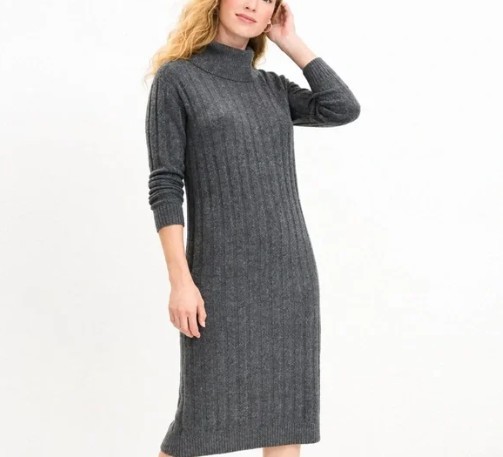 Large/ Xtra Large Loft Ribbed Midi Turtleneck Sweater Dress Gray Wool Blend L/XL