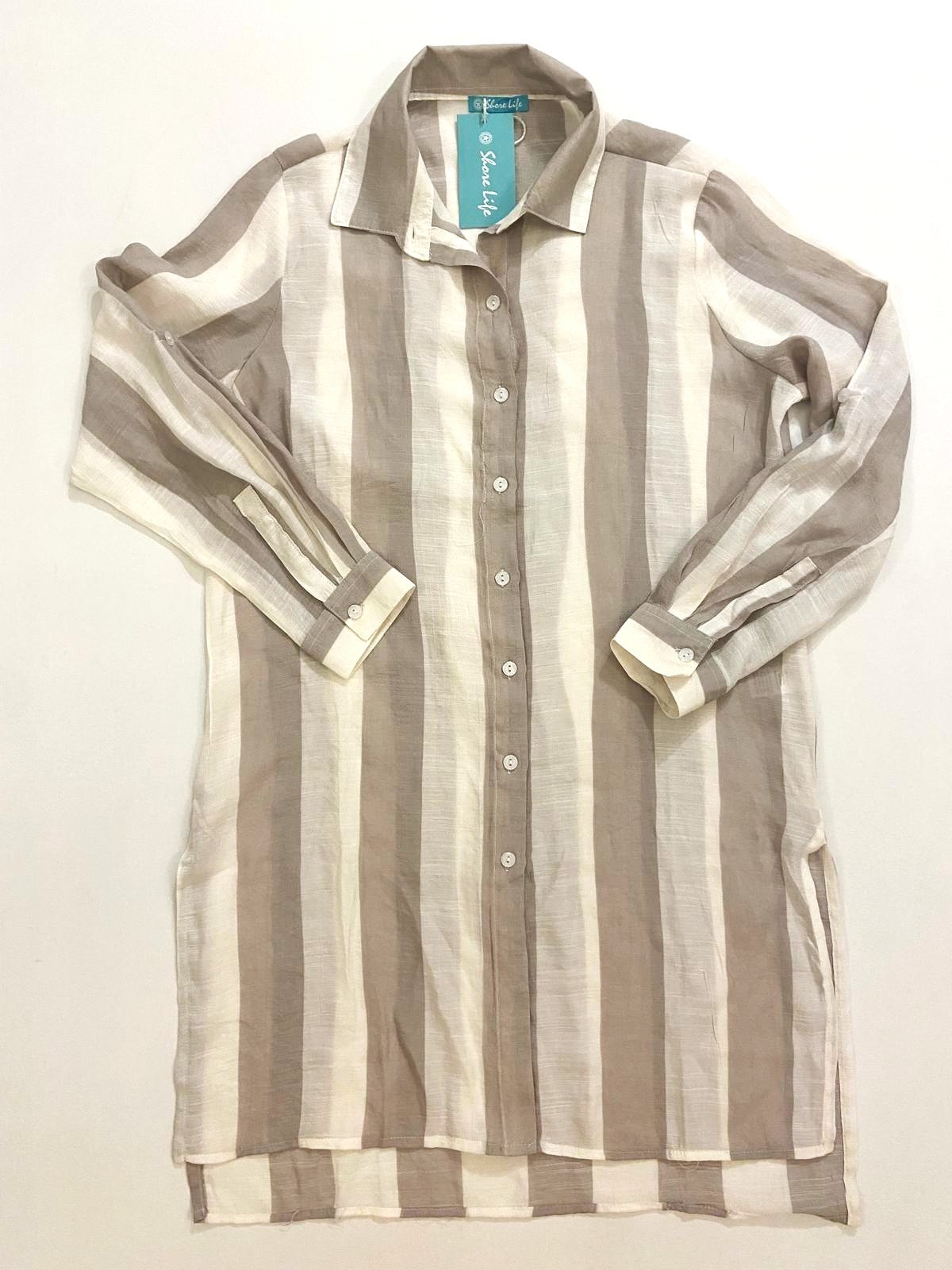 Shore Life Woman Striped Button-Down Shirt Summer Dress Beige /White Sz S $65