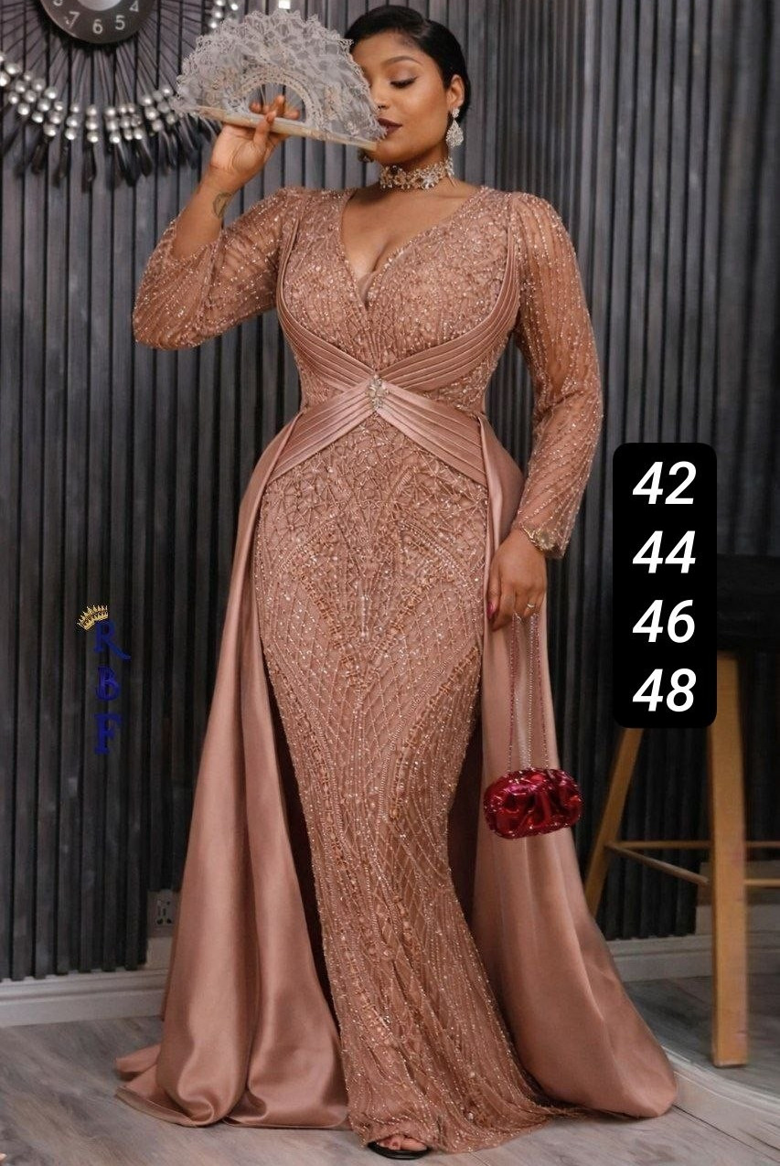 Women’s Silver Solid Lace Satin Gown, V-Neck, Beaded Sequin, Long Sleeve, 42