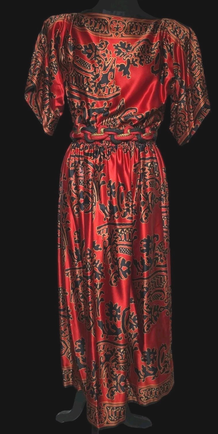 Ann Crimmins Umi Collections Vtg Red Black Gold 100% Silk Belted Dress Sz 6