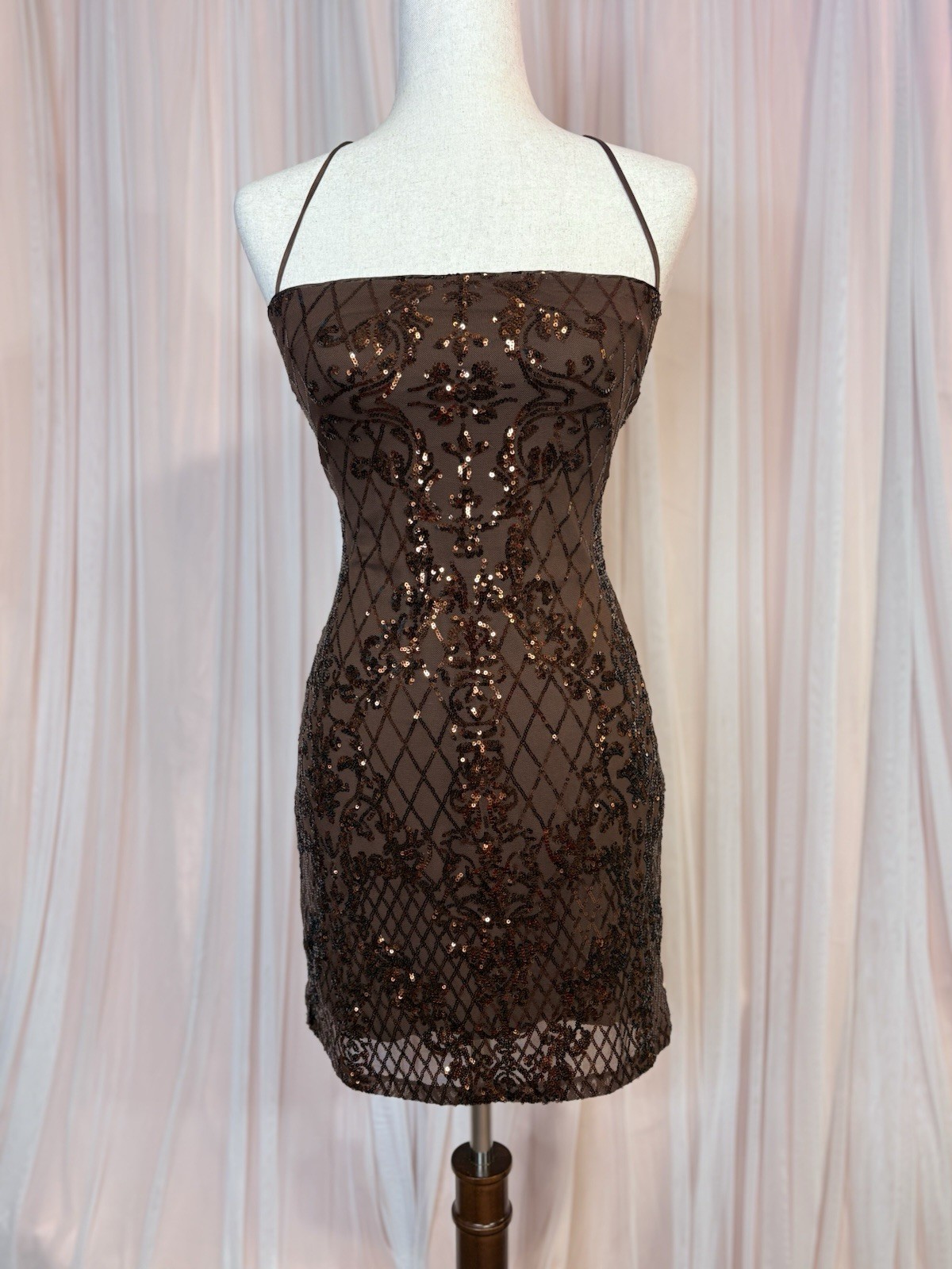 Windsor Brown Sequin Geometric Bodycon Mini Dress L Spaghetti Strap Backless