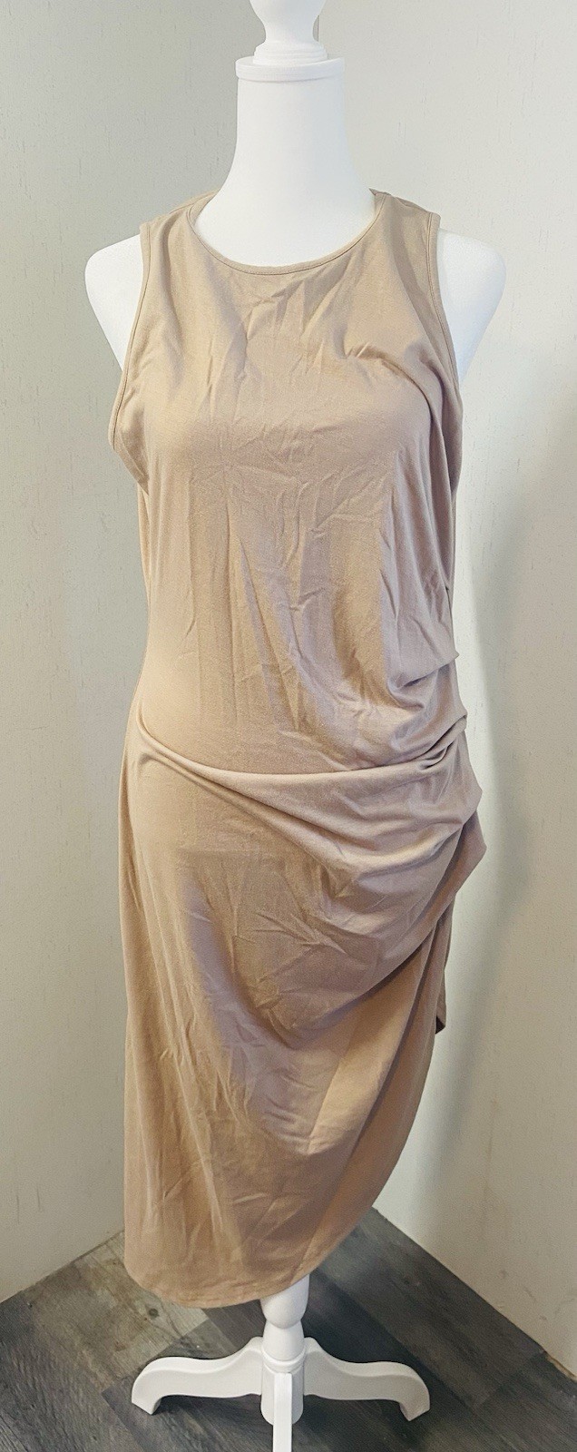 SHEIN Women’s XL Beige Solid Sheath Ruched Round Neck Sleeveless Knee Dress