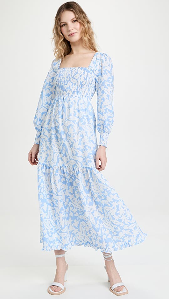 New Rixo YAS BLUE PALM SHIRRED MAXI DRESS Sz S M L XL 2XL 3XL Sold out