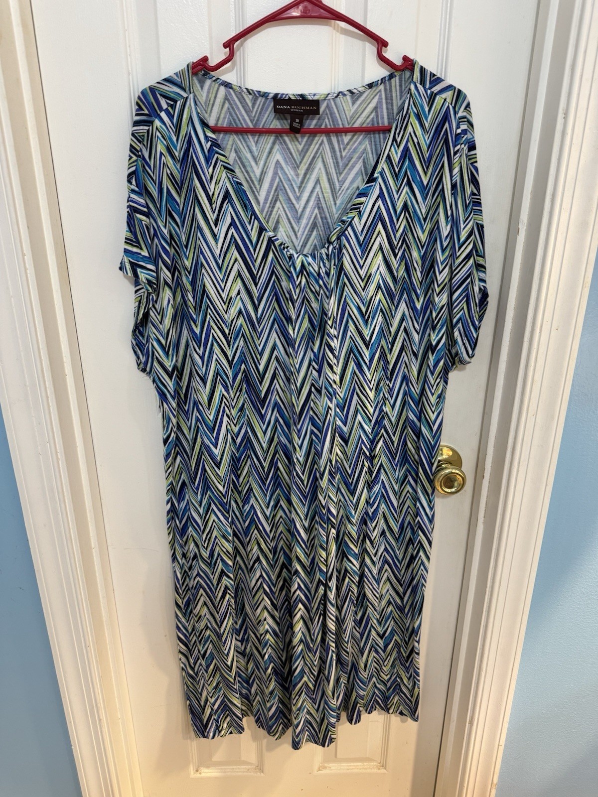 Dana Buchman Summer Dress, 2X Pretty Green/blue/white. Short Sleeved