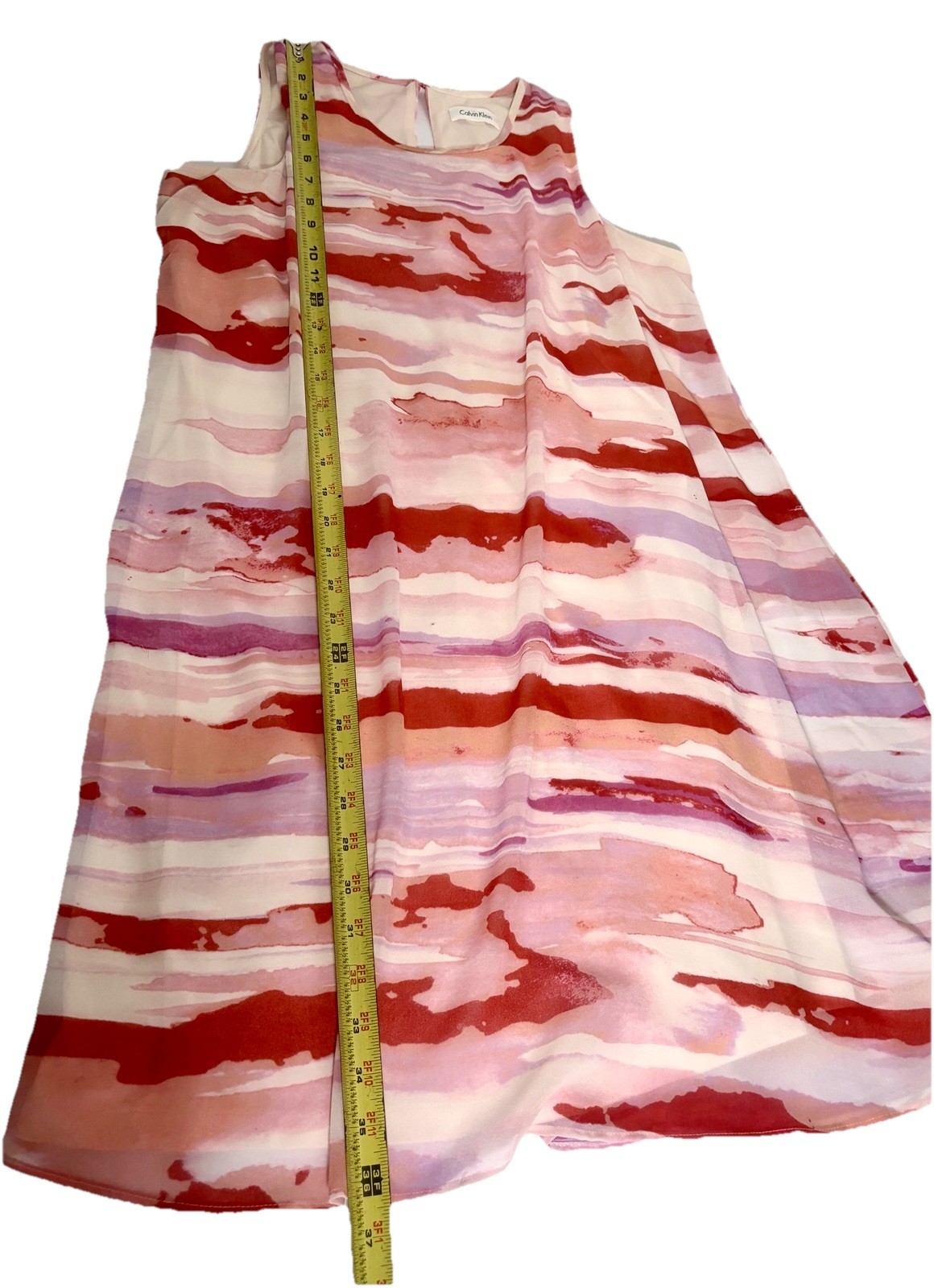 Calvin Klein Sheer Watercolor Stripe Shift Dress Trapeze Watermelon Pink Fairy L