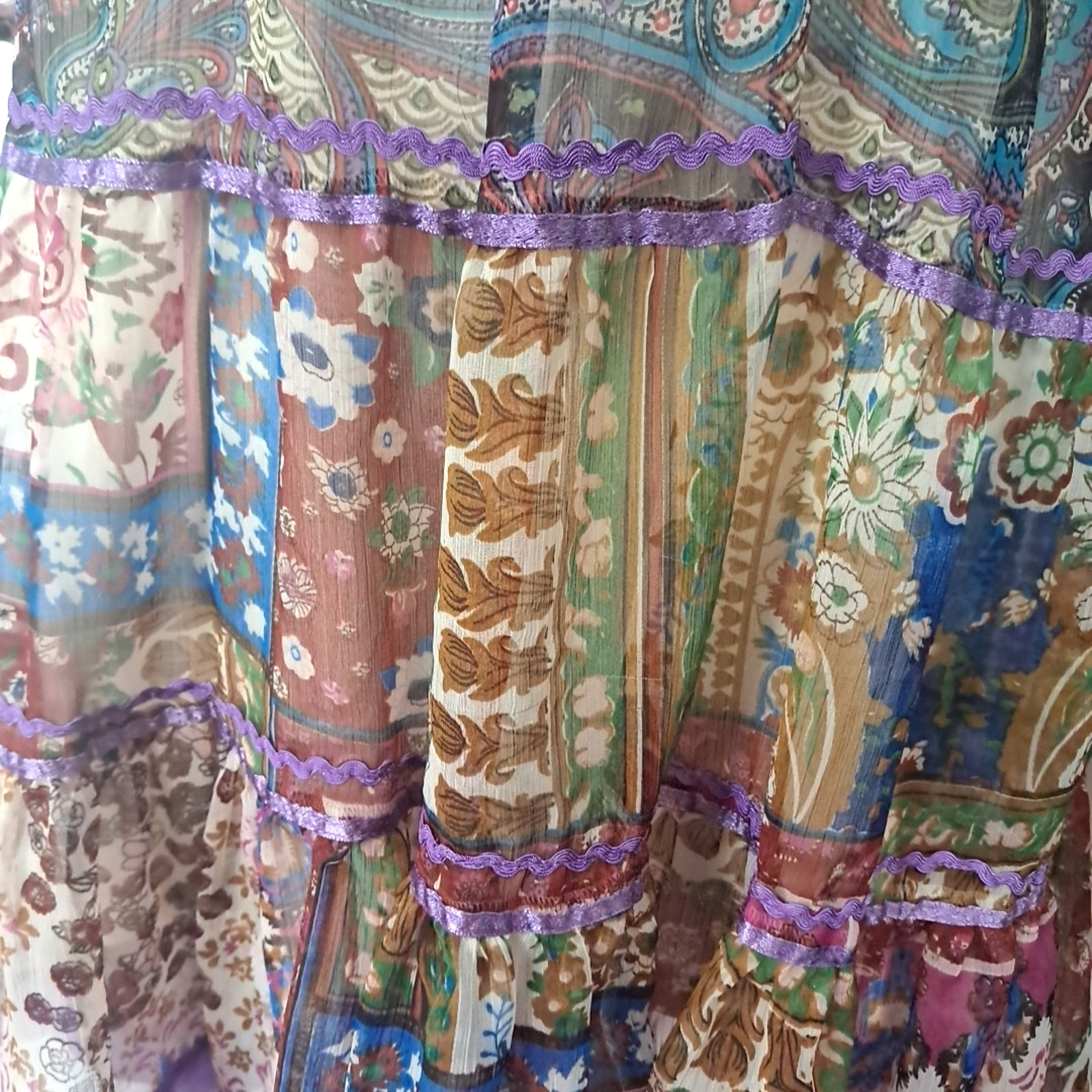 Babydoll Floral Sheer Patchwork Beaded Tiered Mini Dress Size M Purple Boho