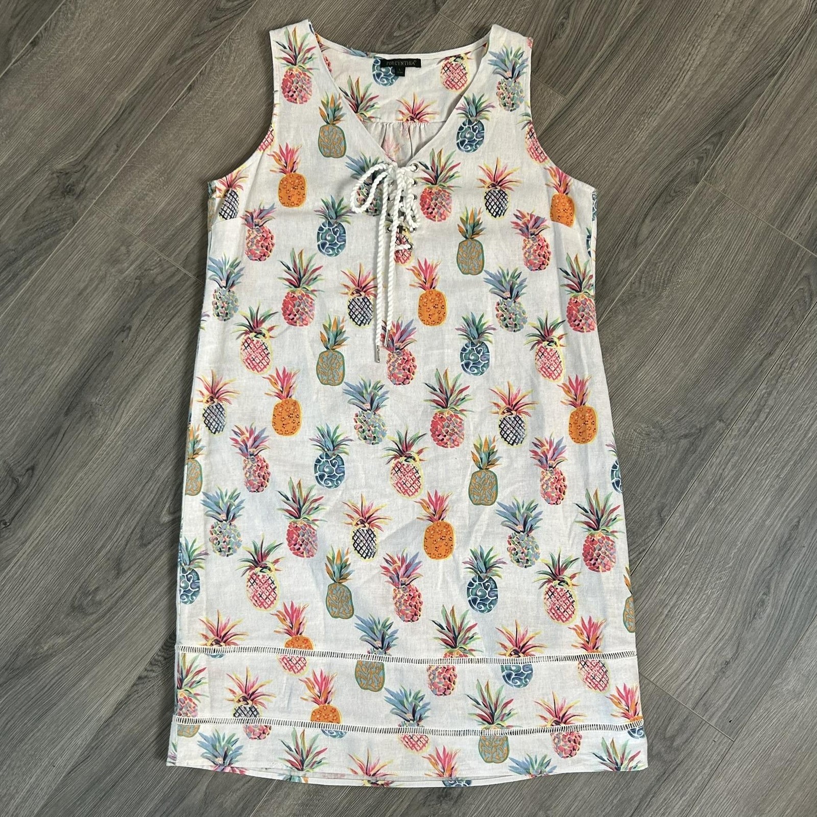 For Cynthia Dress Womens L Pineapple Print Linen V Neck Tassel Shift Sundress