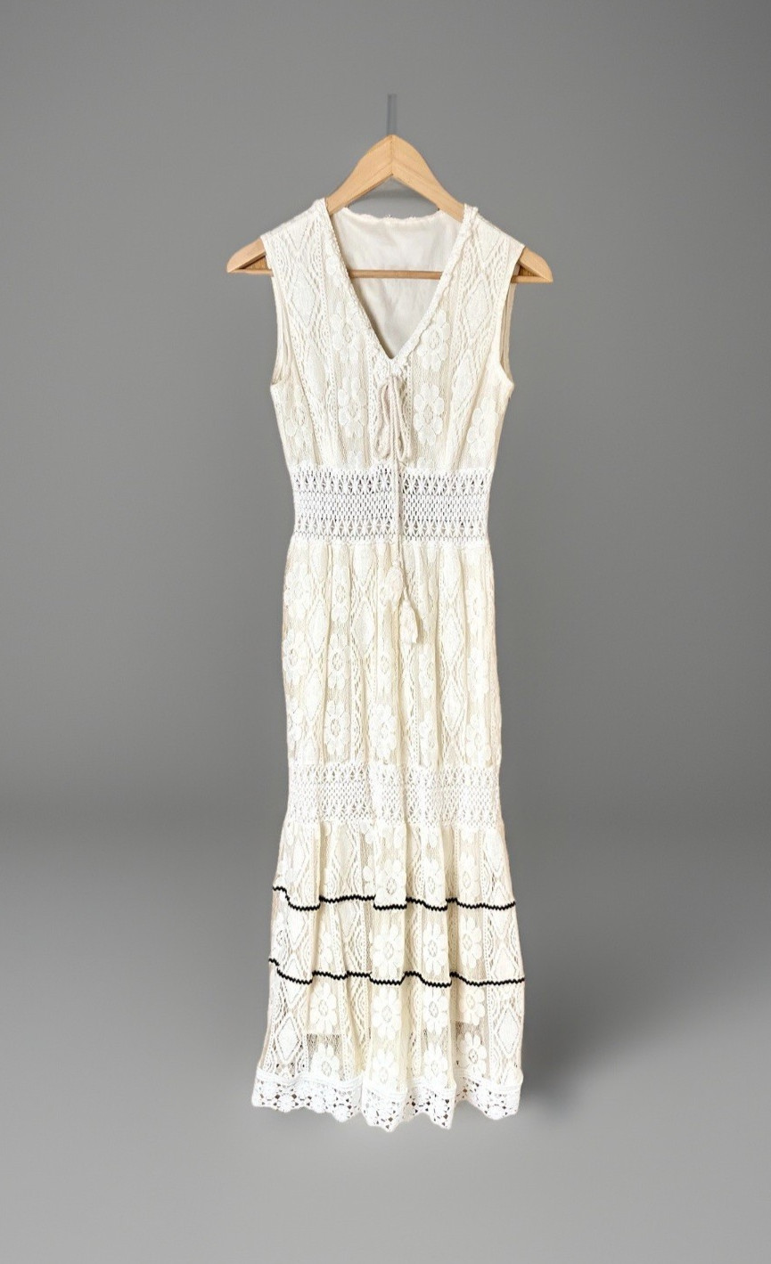 CROCHET Lace Maxi Dress Women Small Apricot Cream Knit Lined Beach Sundress Boho