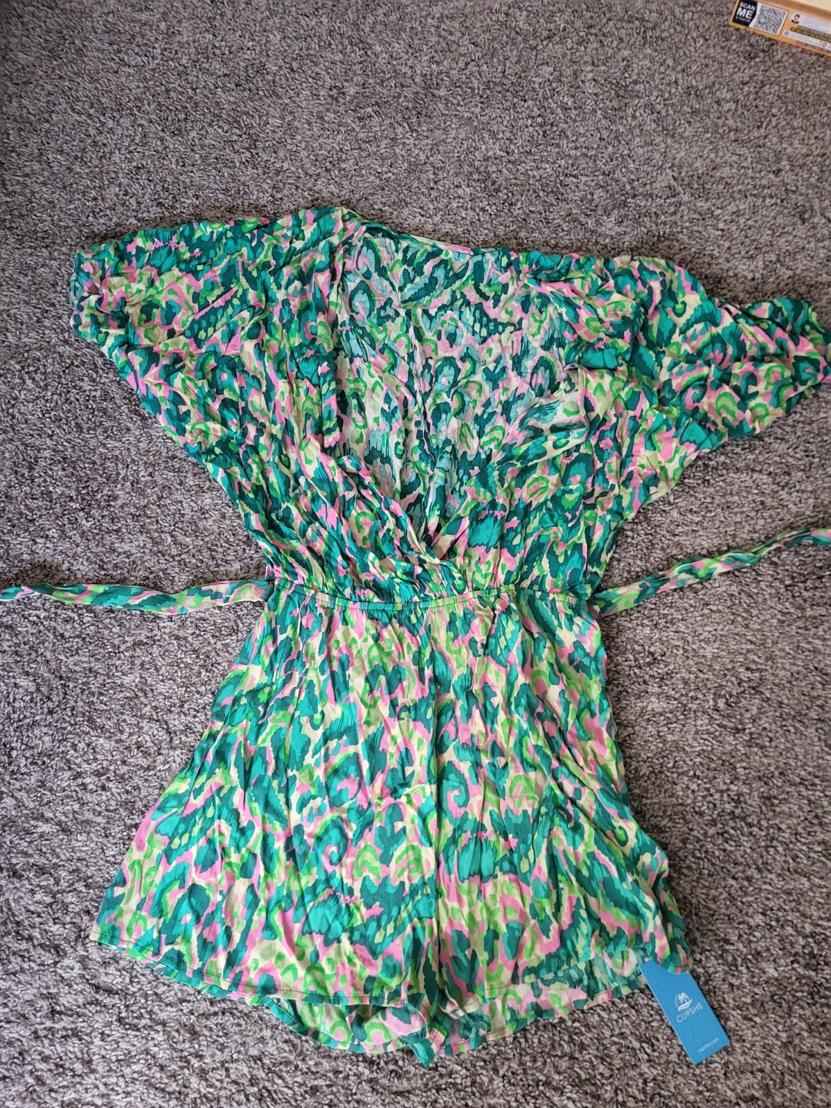 CUPSHE XS Green Pink Print Cover Up Romper – Pool, beach, Runs Like S/M , light