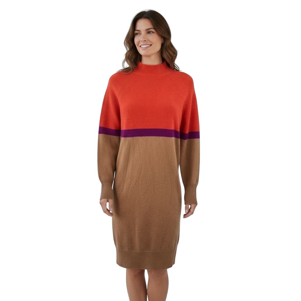 NWT LUSSO CASHMERE 100% Cashmere Sweater Dress MEDIUM Pumpkin Blaze Colorblock