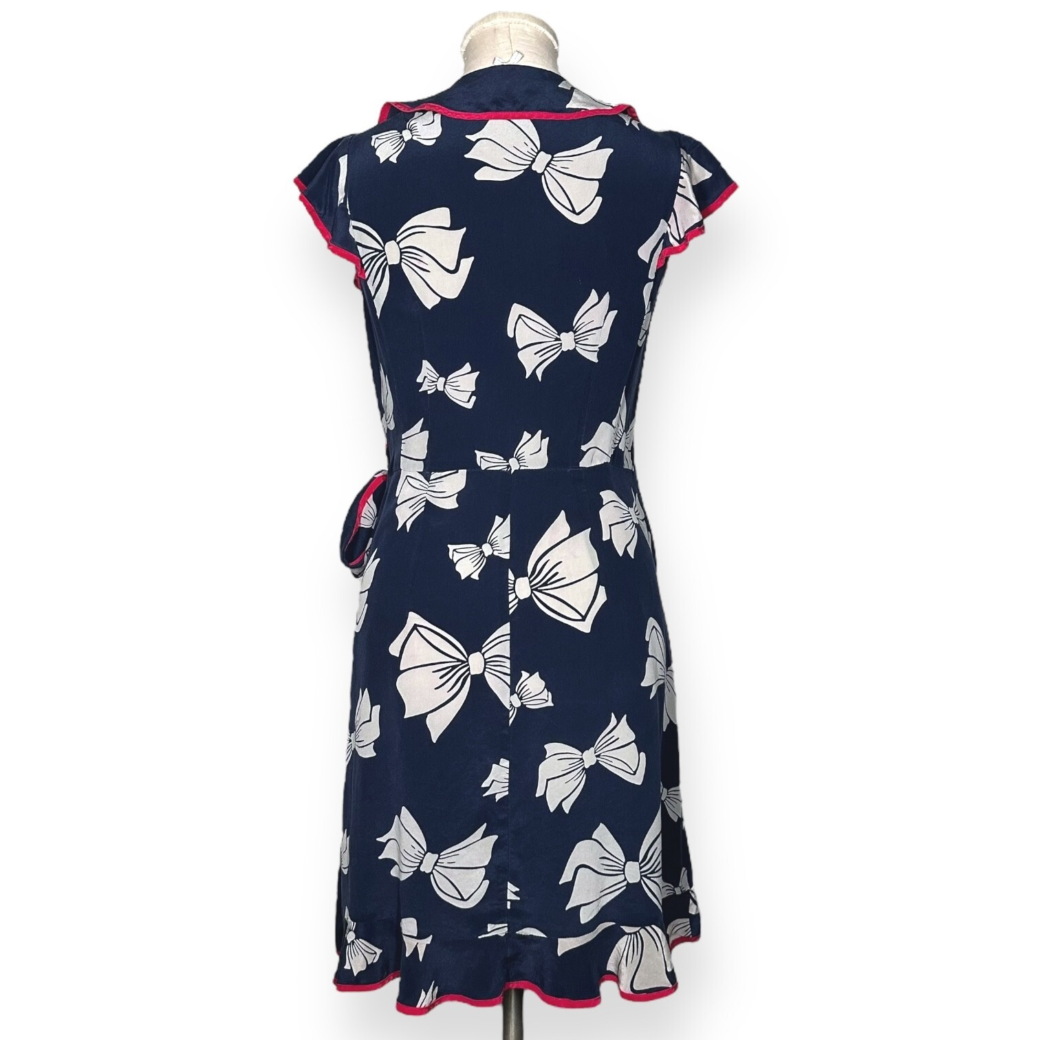 Vintage NANETTE LEPORE 100% Silk Y2K Wrap Dress Bow Print Blue Cascade Coquette