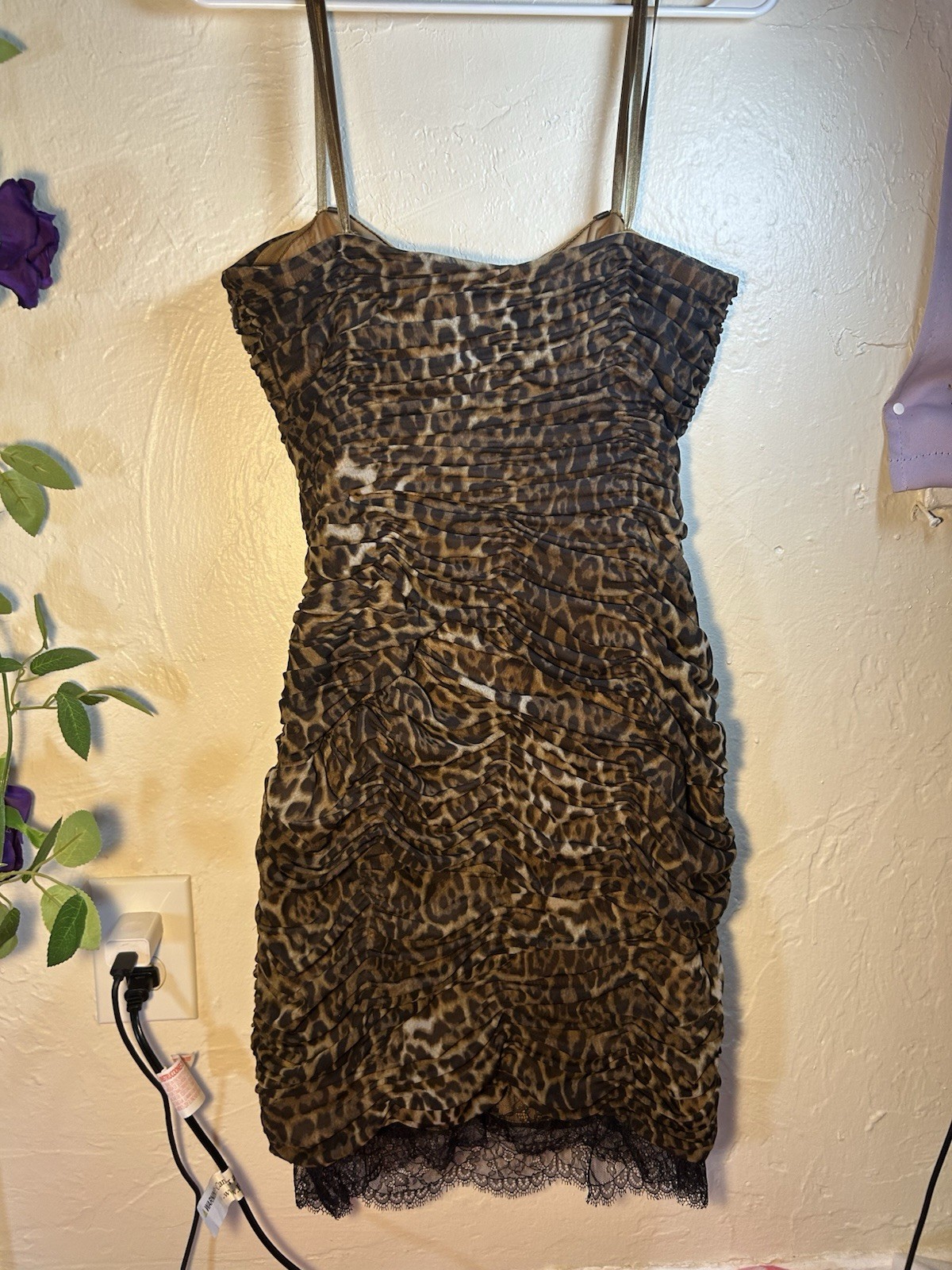 BCBGMAXAZRIA Leopard Ruched Lace Hem Strapless Bodycon Mini Dress 10