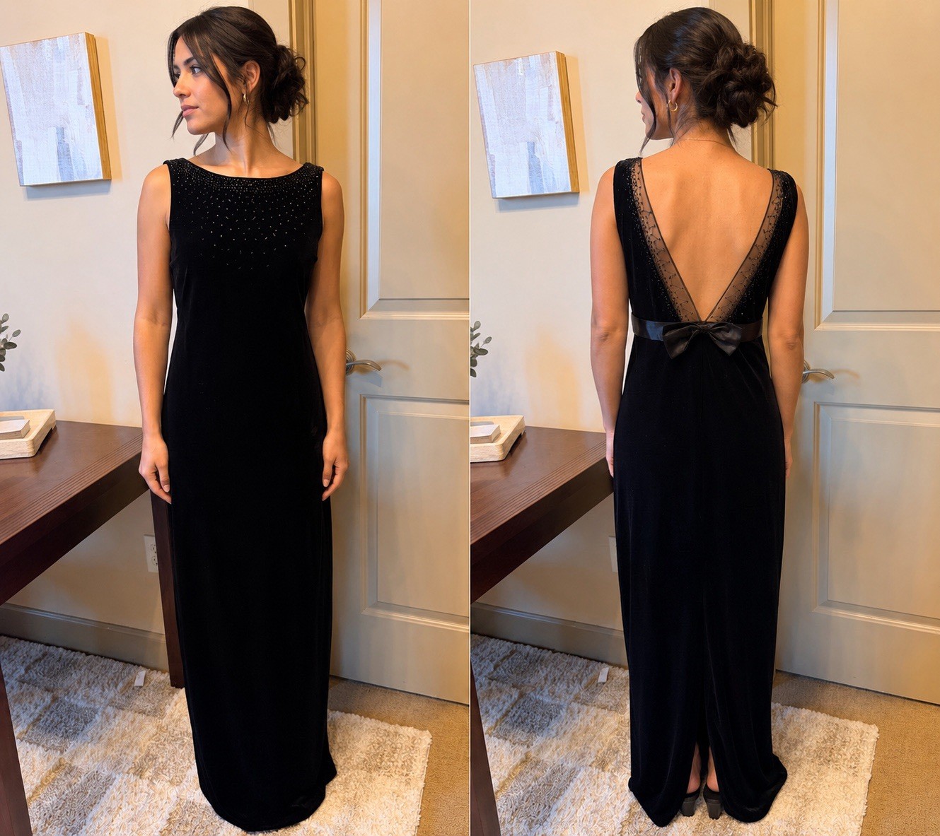 Molly Malloy Evening Black Beaded Bow Open Back Scoop Neck Maxi Dress 6
