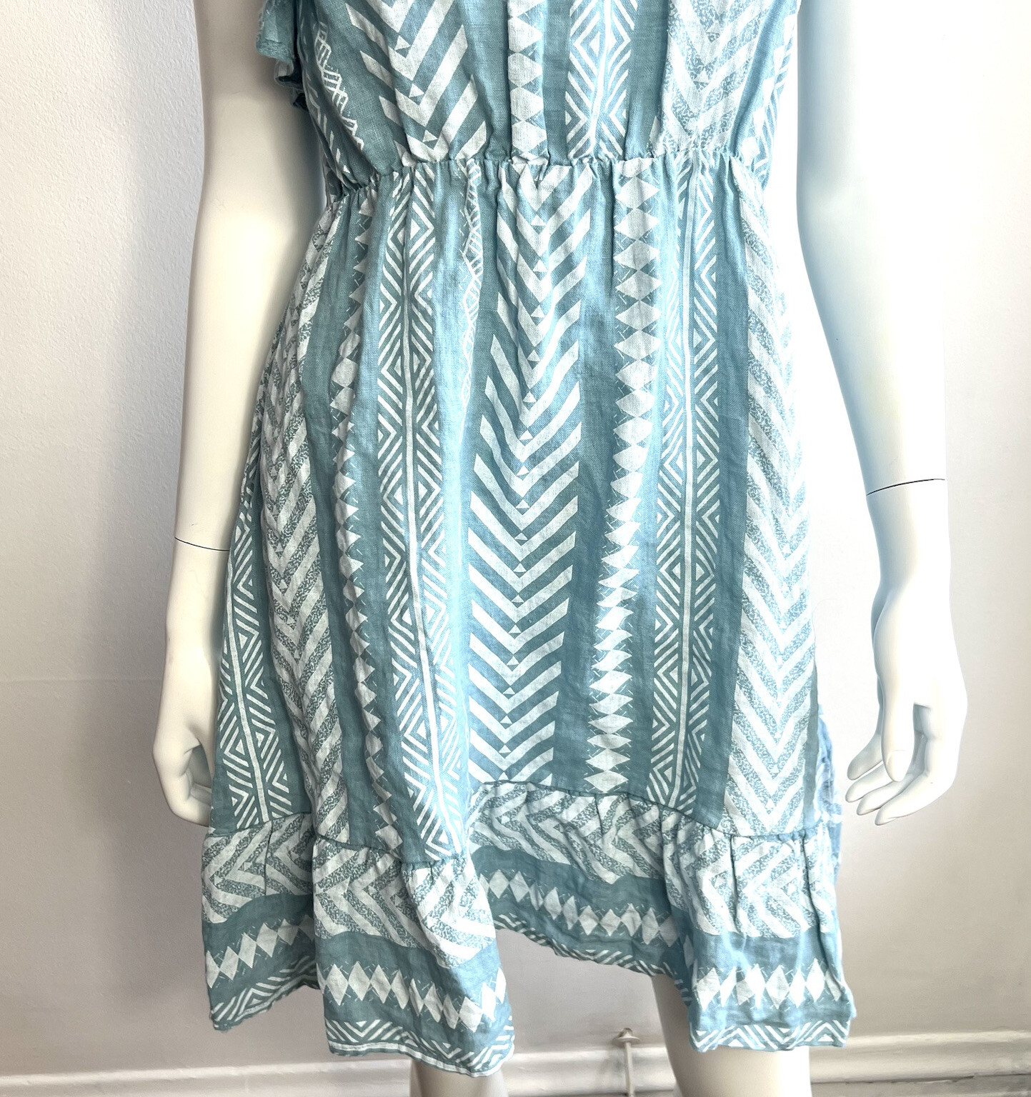 Valentina Naldi 100% Linen Dress Medium Blue One Shoulder Resort Italy White