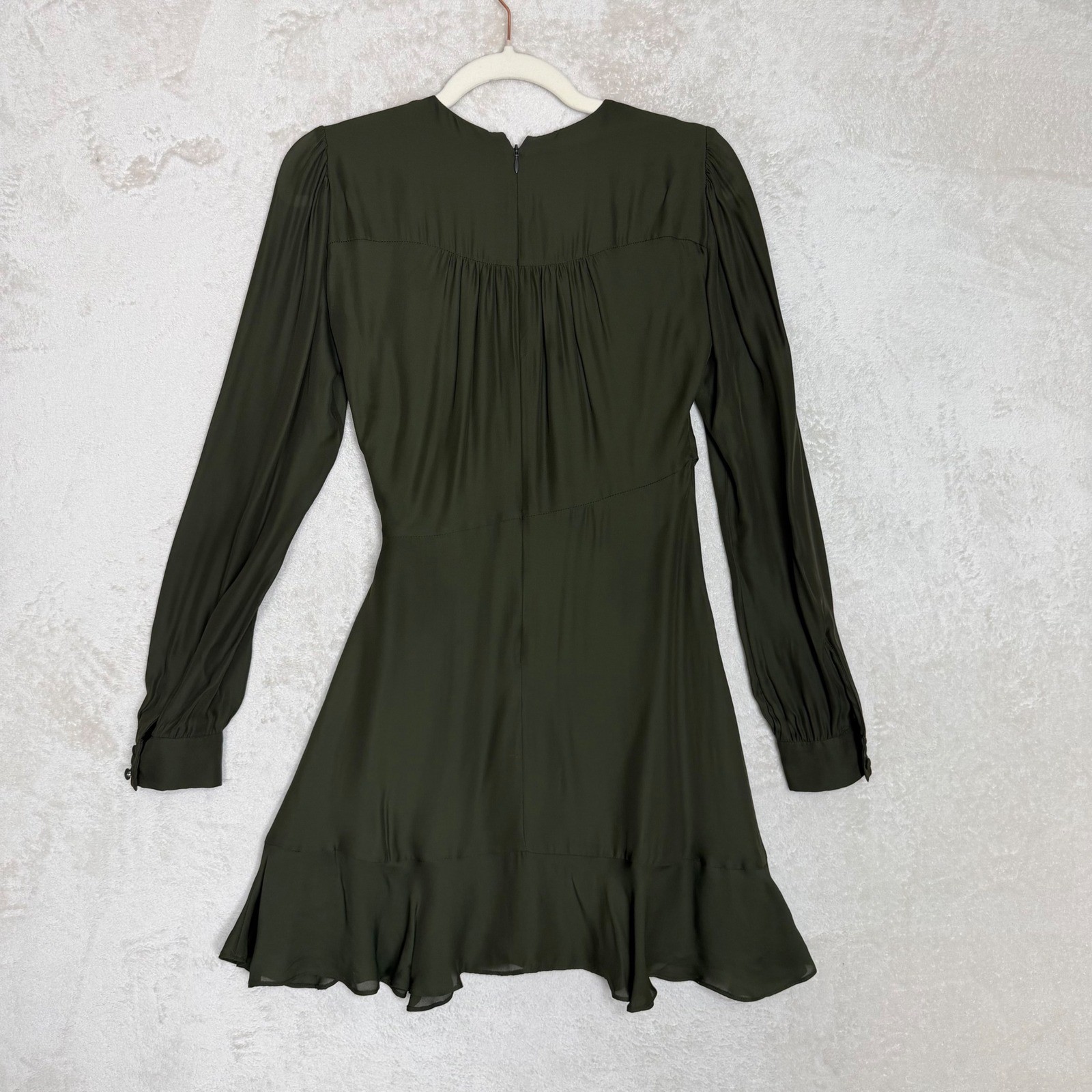 Parker Silk Blend Olive Green Long Sleeve Ruffle Faux Wrap Mini Dress Size S