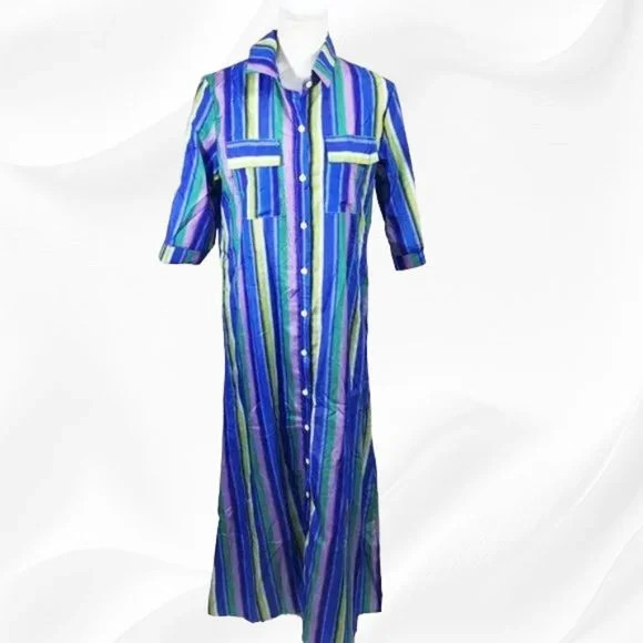 Boho Striped Maxi Dress Lightweight Button Front Summer Dress S, USA Seller