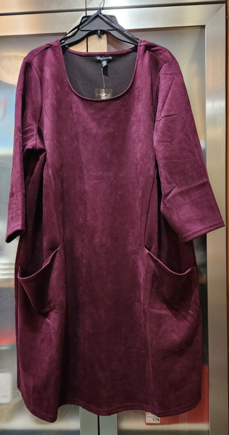 Nina Leonard Plus Size 2x Pull over Dress Deep wine With Pockets 3/4 Sleeve 40″L