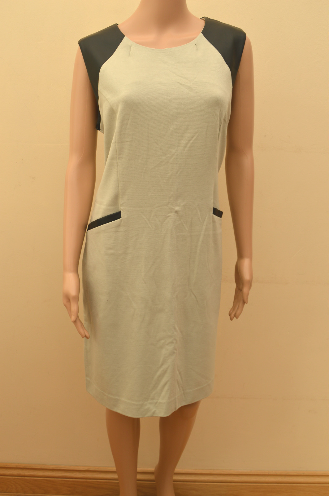 New Next Ivory Beige & Black Synthetic Leather Trims Dress Sz UK 16