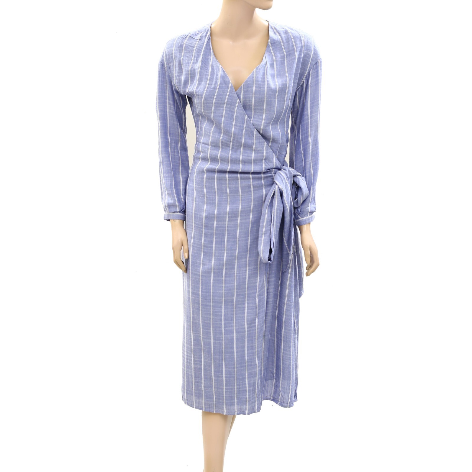 Sezane Robe Laurette Midi Dress Wrap Striped Embroidered Long Sleeve S-36 225