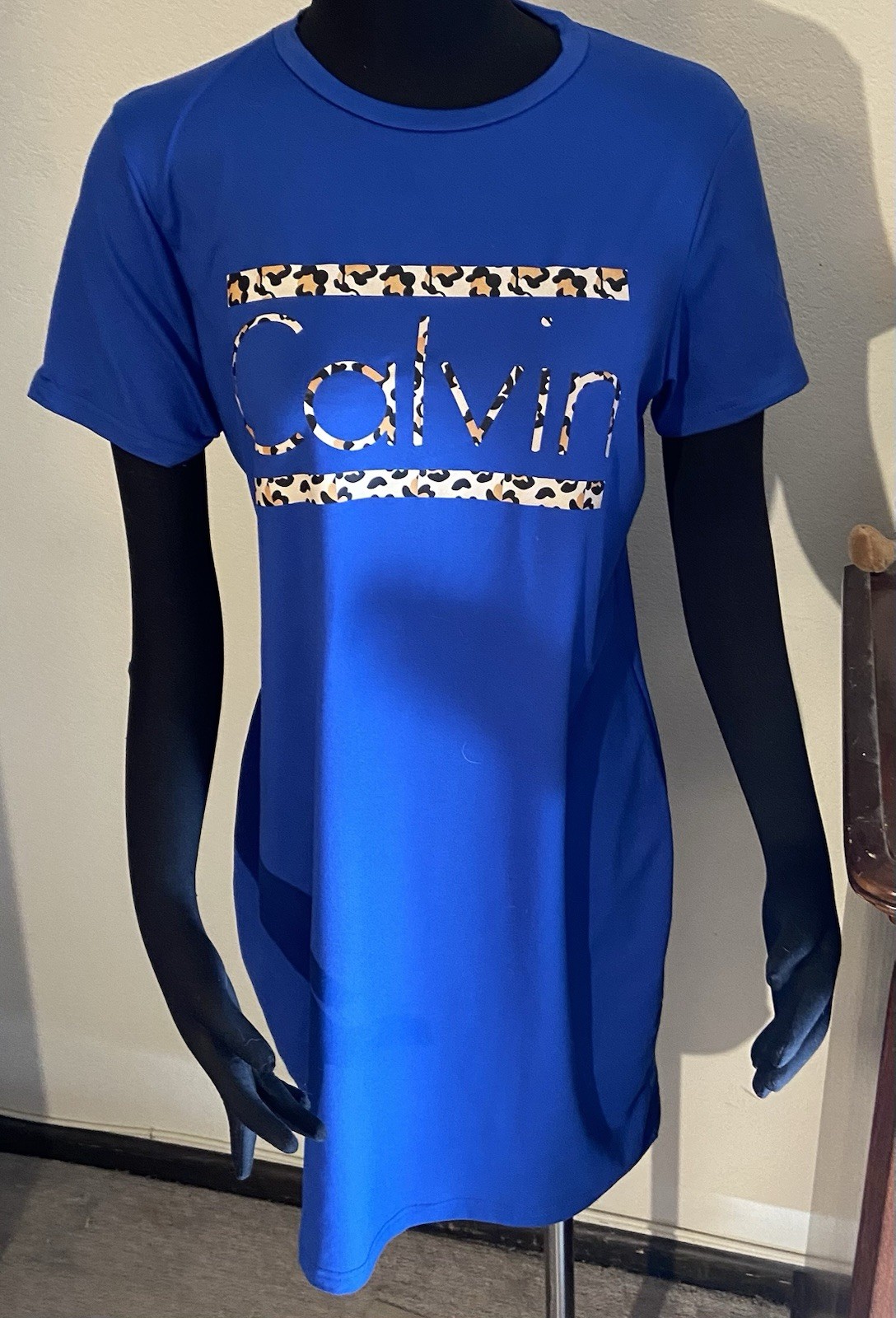 NEW DRESS XL Blue Body Con Leopard Accents Easy Care Polyester/Spandex 38” Bust